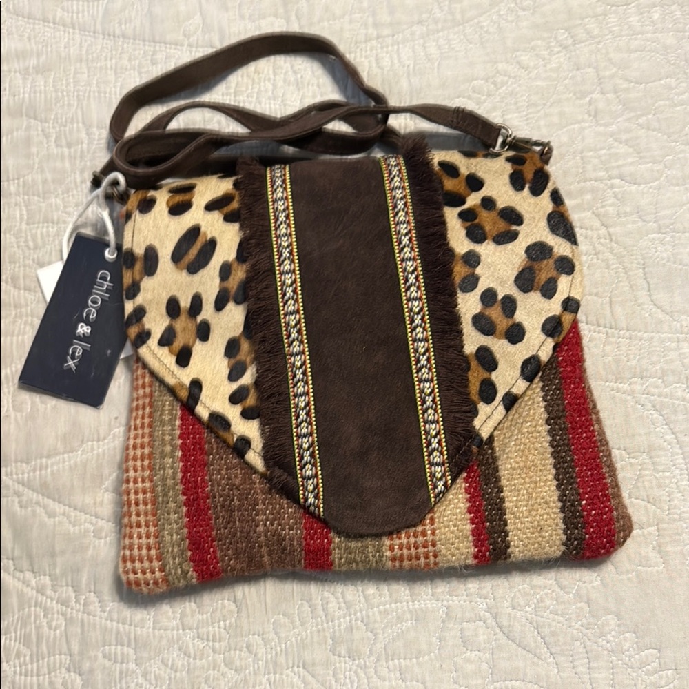 Chic Crossbody Bag with Leopard and Striped Design